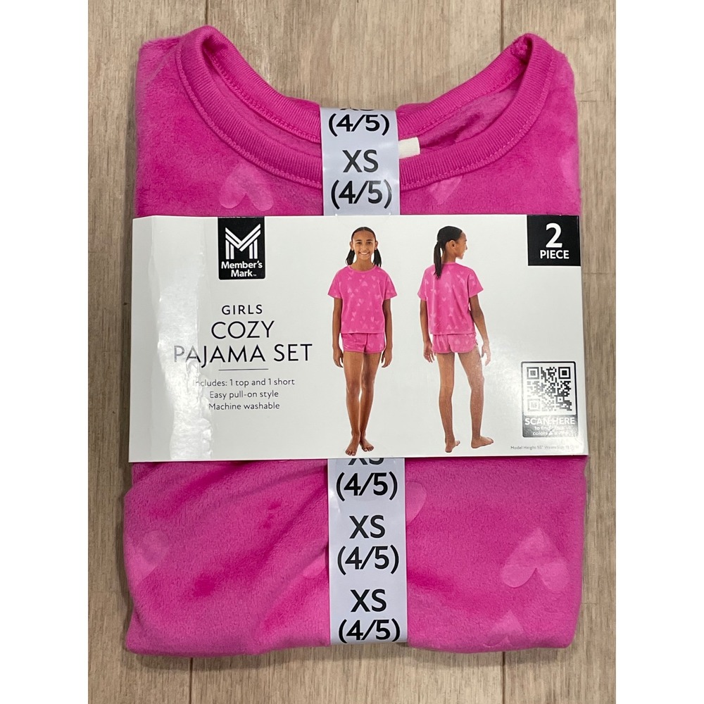NWT Member's Mark Pajama Set Girls XS 4/5 Pink Heart Print Plush 2pc Loungewear